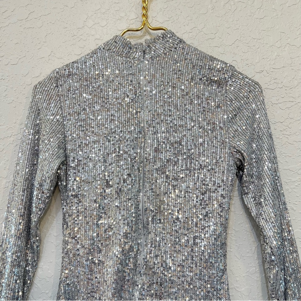 Abercrombie & Fitch Silver Sequin Long Sleeve Mock Neck Mini Dress NWT - Picture 6 of 12
